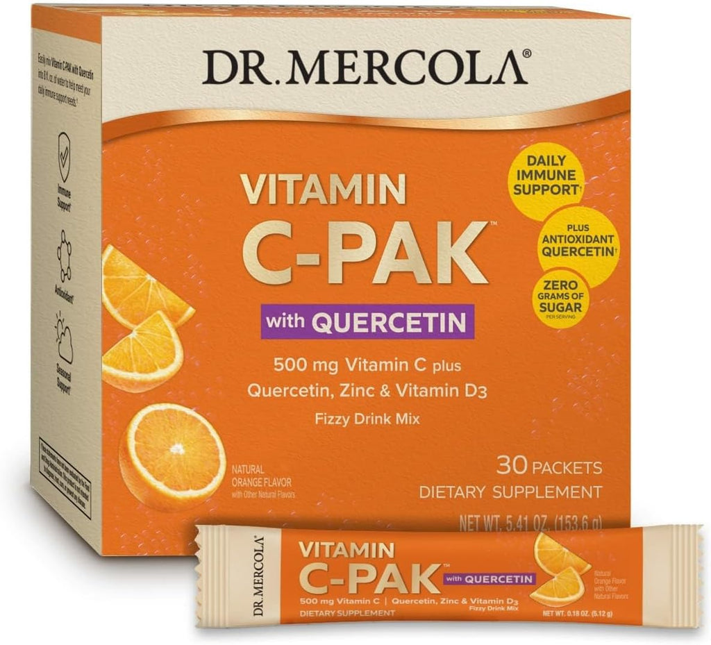 Dr. Mercola Vitamin C-PAK con Quercetina - Apoyo Inmunitario Diario - Zinc y Vitamina D3 - Sin Gluten - Sabor Naranja Efervescente - 30 Sobres