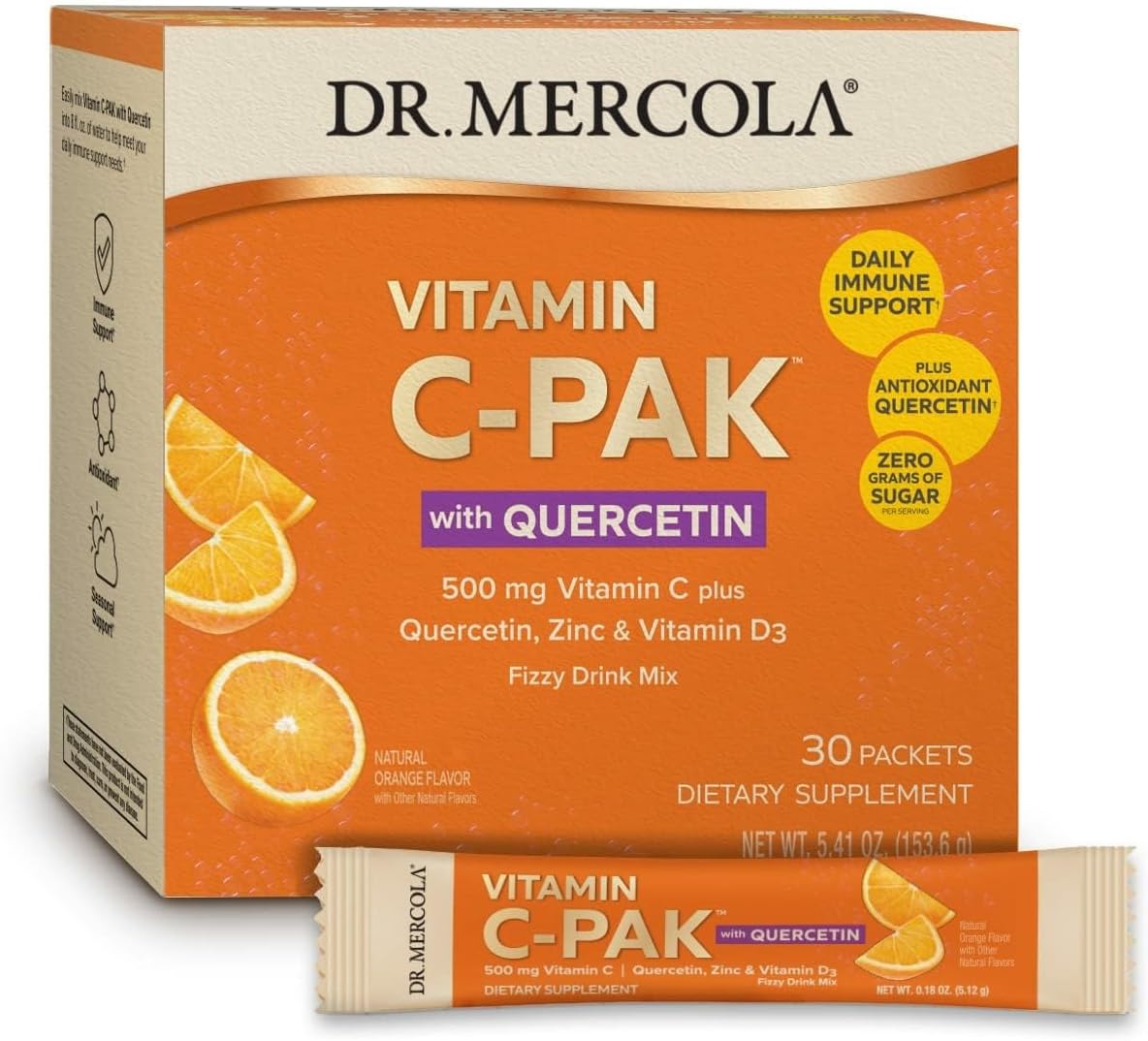 Dr. Mercola Vitamin C-PAK con Quercetina - Apoyo Inmunitario Diario - Zinc y Vitamina D3 - Sin Gluten - Sabor Naranja Efervescente - 30 Sobres