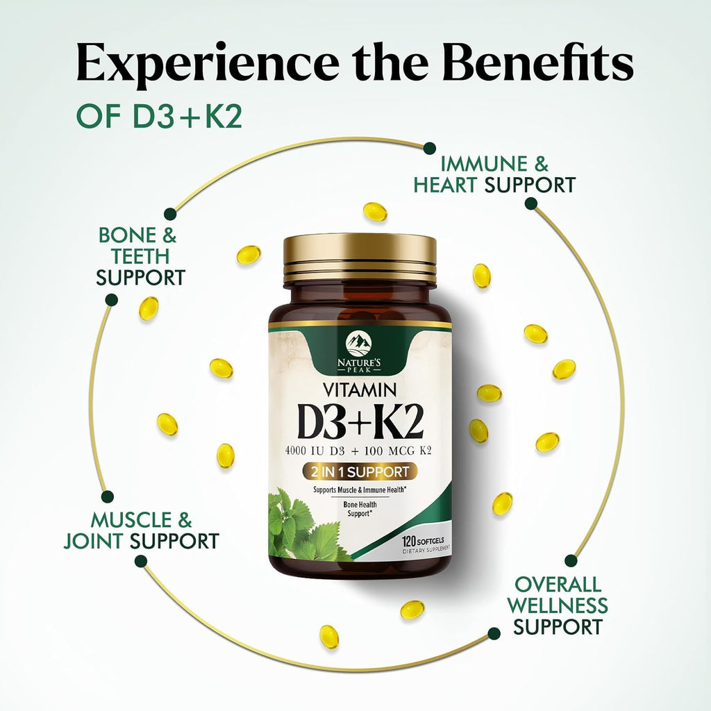 Vitamina D3 K2 - Complejo 2 en 1 de Vitamina D y K2 (MK-7) - 4000 UI por Cápsula Blanda - Sin Gluten - 120 Cápsulas Blandas
