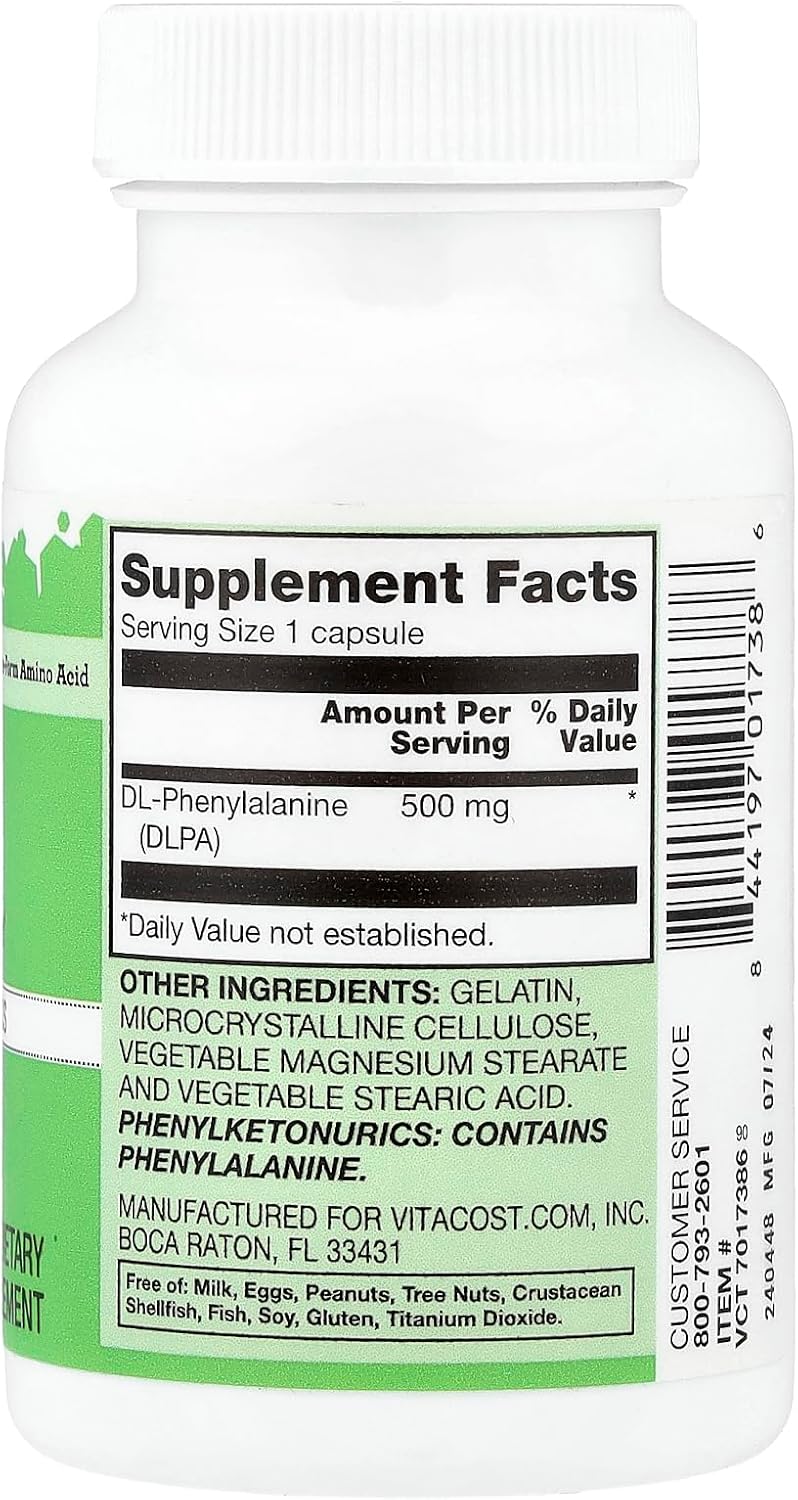Vitacost DLPA, 500 mg, 60 Cápsulas - DL-Fenilalanina