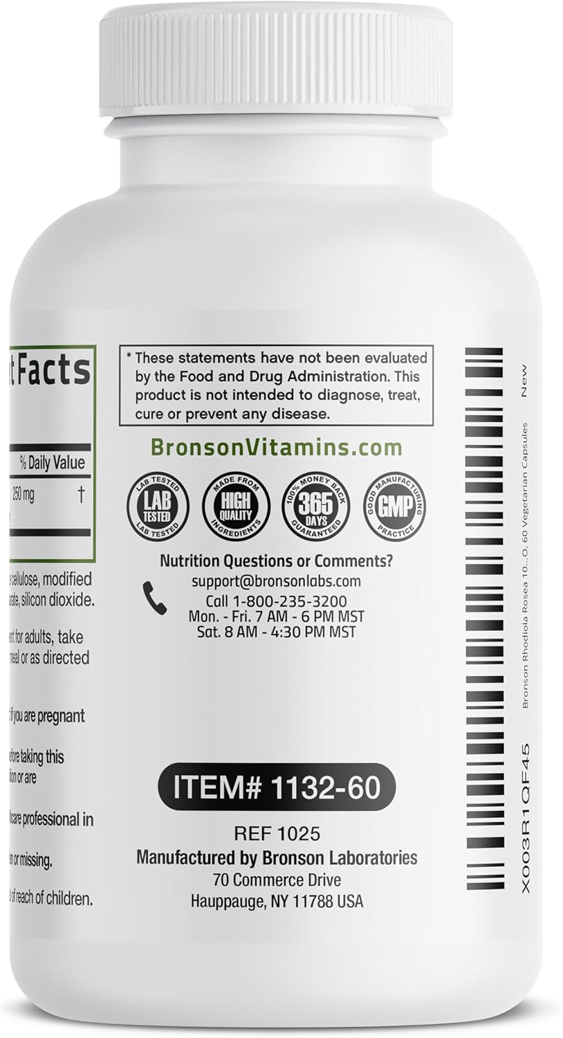 Bronson Rhodiola Rosea Cápsulas Vegetarianas - Hierba Adaptógena - Ayuda para el Estrés, Estado de Ánimo y Salud Cerebral - No Transgénico, 60 Unidades