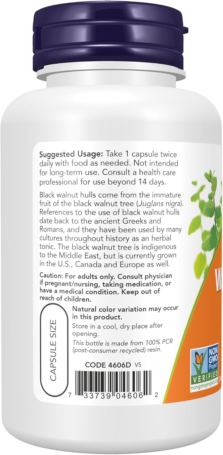 NOW Foods Suplemento de Cáscara de Nuez Negra (Juglans nigra) 500 mg, 100 Cápsulas Vegetales