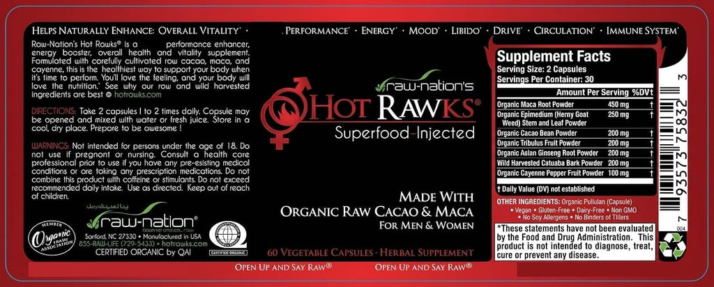 Suplemento de Raíz de Maca Orgánica con Ginseng Coreano y Cacao | 60 Cápsulas | Hot Rawks