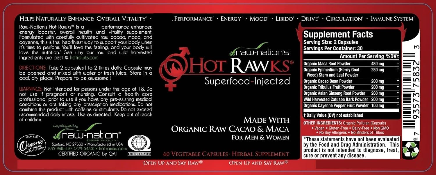 Suplemento de Raíz de Maca Orgánica con Ginseng Coreano y Cacao | 60 Cápsulas | Hot Rawks