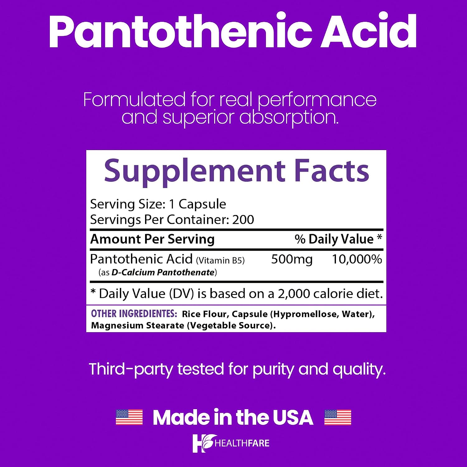 Healthfare Ácido Pantoténico 500mg Vitamina B5 | 200 Cápsulas Veganas
