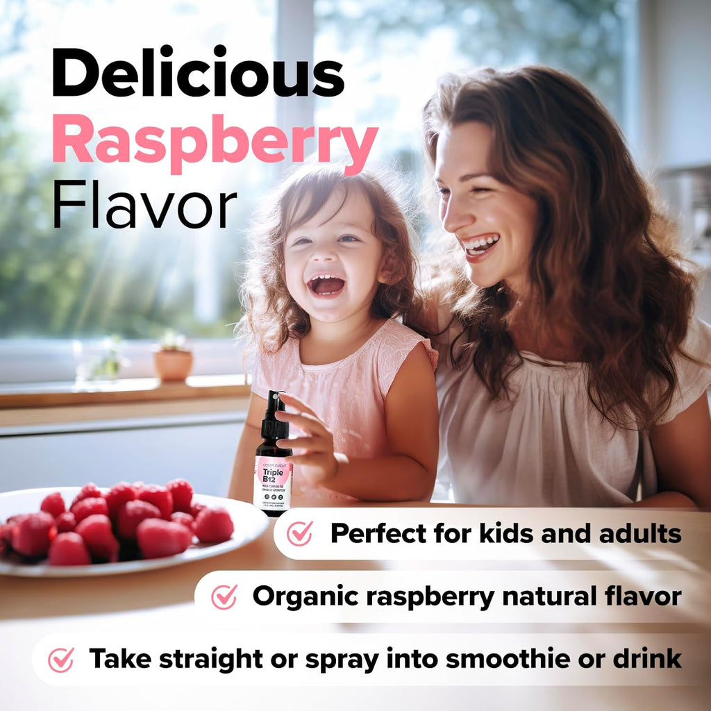 Complement Vegan Vitamin Triple B12 Liquid Spray - 1500 mcg B12 para Energía, Estado de Ánimo, Sistema Nervioso, Función Cognitiva para Niños y Adultos - Mezcla de Frambuesa Complejo B (60 Servicios)