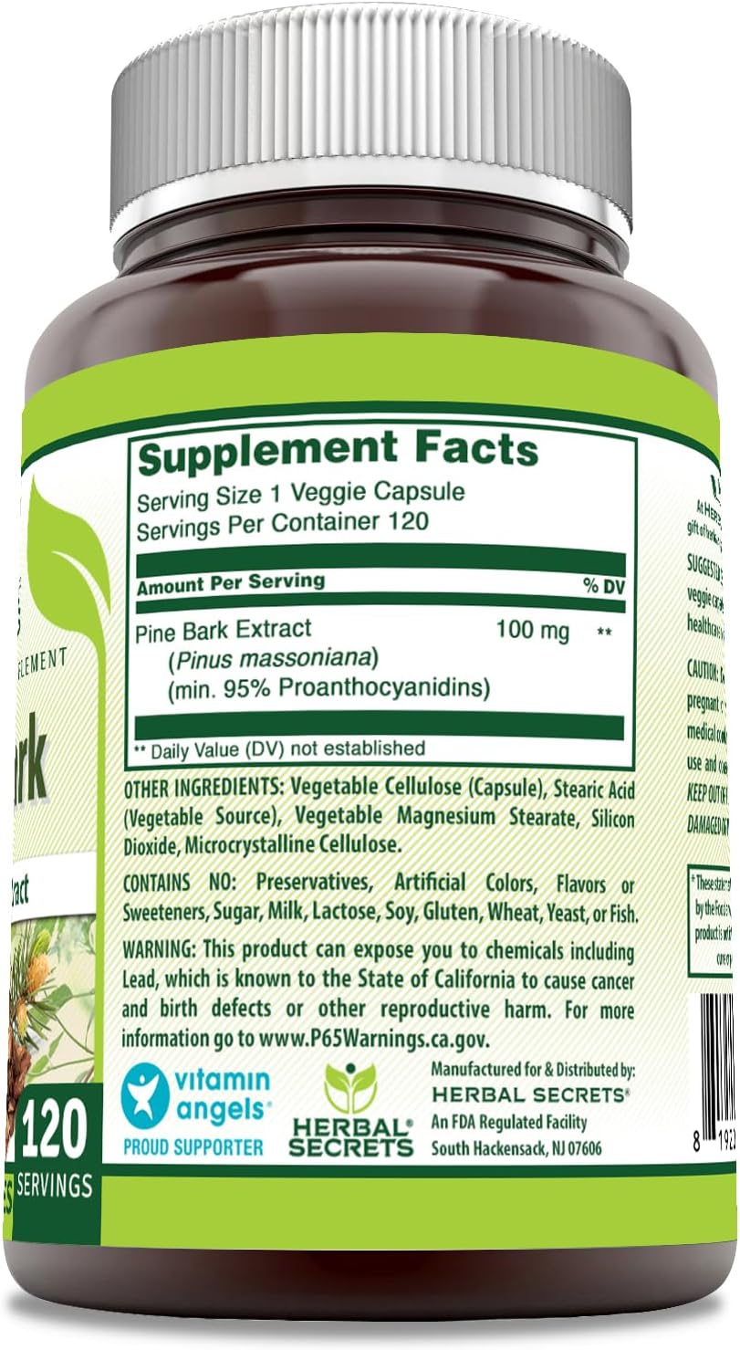 Herbal Secrets Extracto de Corteza de Pino | 100 mg por ración | 120 Cápsulas Vegetales | No-GMO | Sin Gluten | Fabricado en EE. UU.