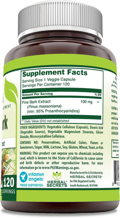 Herbal Secrets Extracto de Corteza de Pino | 100 mg por ración | 120 Cápsulas Vegetales | No-GMO | Sin Gluten | Fabricado en EE. UU.