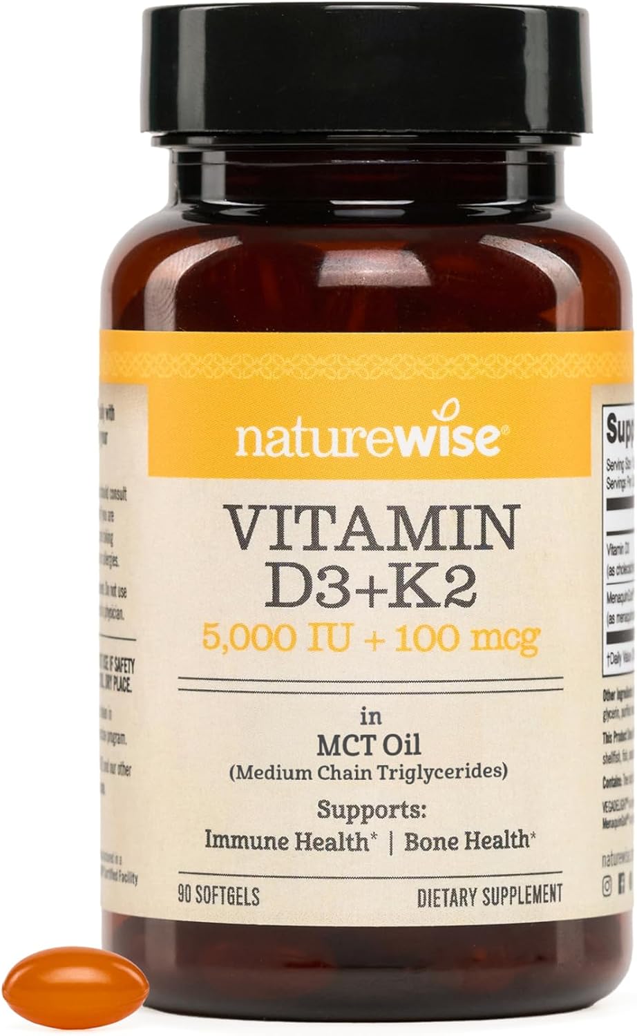 NatureWise Vitamina D3 + K2 Vegana con Aceite MCT de Coco Orgánico - 5000 UI D3 + 100 mcg K2 - 90 Cápsulas Blandas