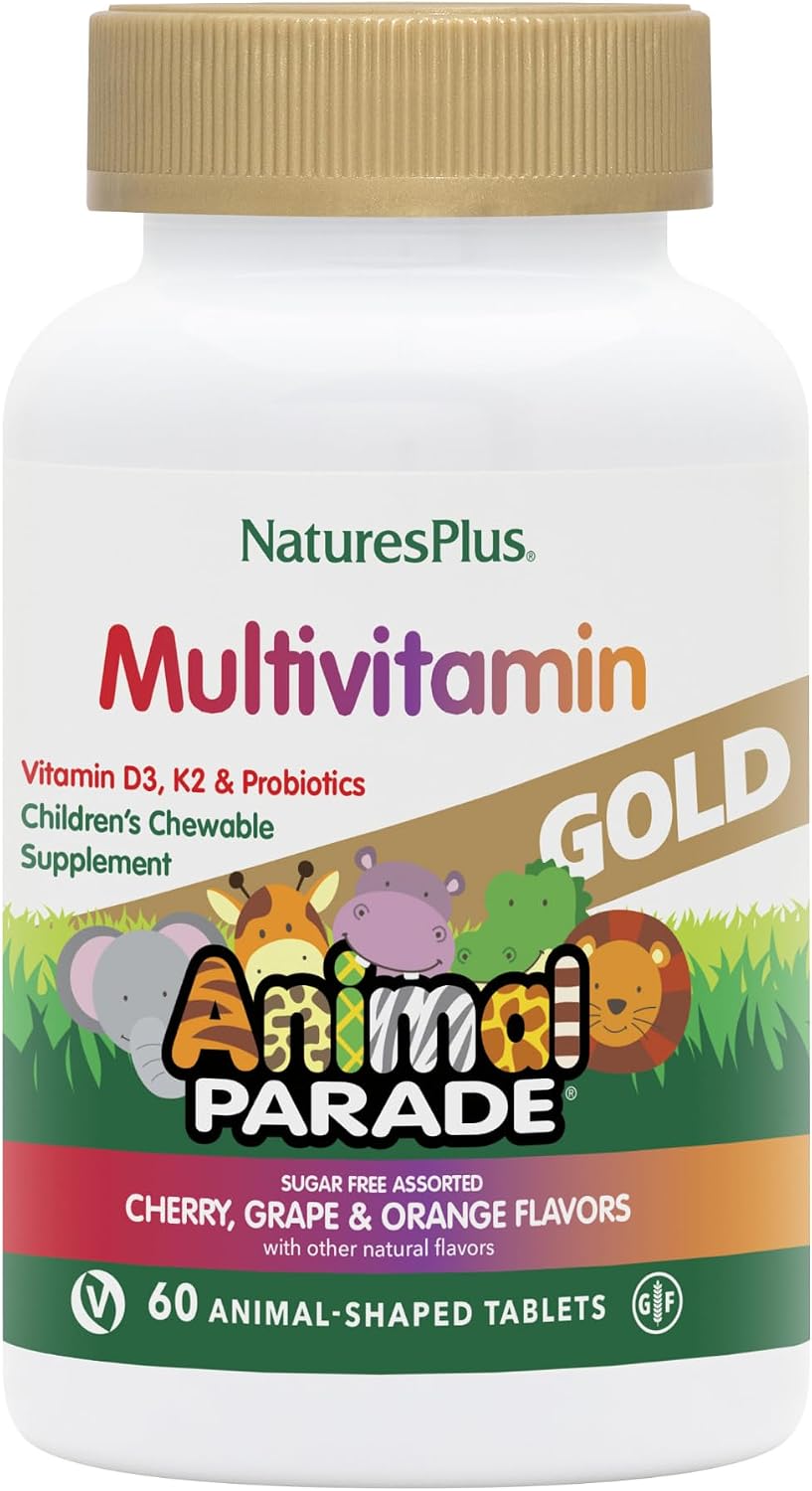 NaturesPlus Animal Parade Source of Life Gold Multivitamínico Infantil Masticable - 60 Comprimidos Sabor Cereza, Naranja y Uva