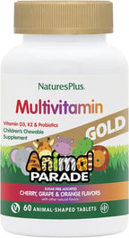 NaturesPlus Animal Parade Gold Multivitamínico Infantil - Paquete de 4 (240 Comprimidos Masticables) - Sabores a Cereza, Naranja y Uva