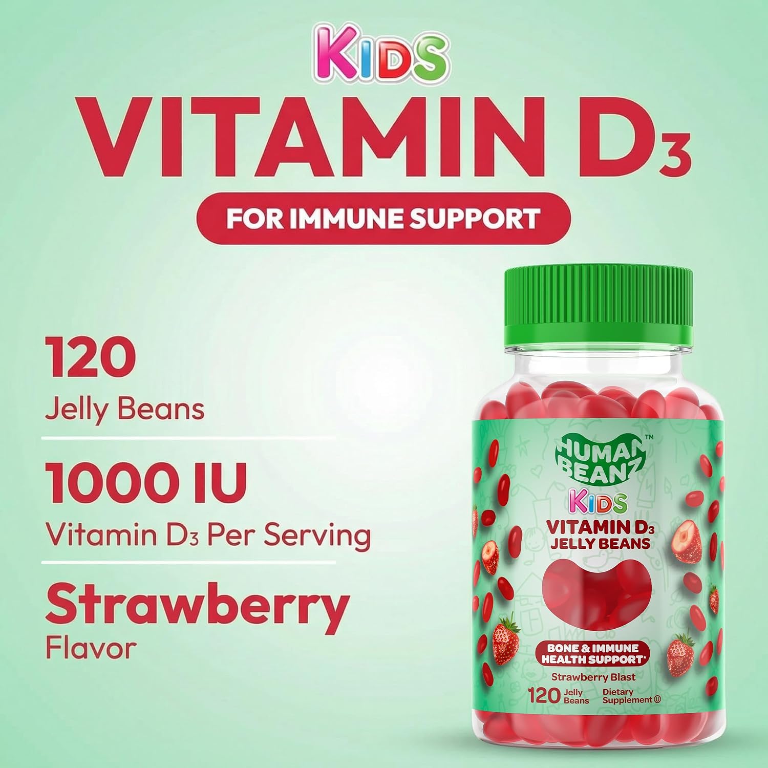 Human Beanz Vitamin D3 Jelly Bean Gummies para Niños, 25mcg/1000 UI, 120 Gominolas Sabor Fresa