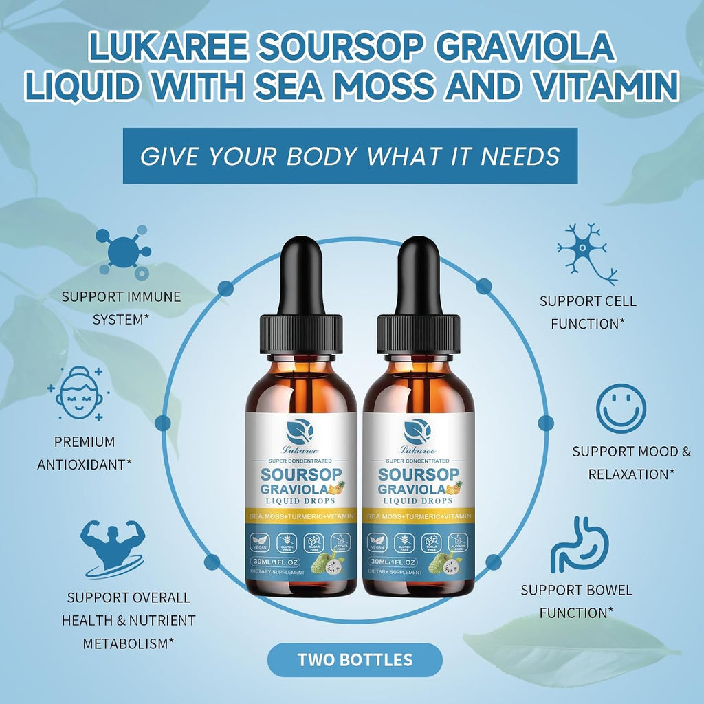 Lukaree Extracto Líquido de Graviola y Musgo Marino con Vitamina C y Zinc – 2 Envases (60 ml), Sabor Piña
