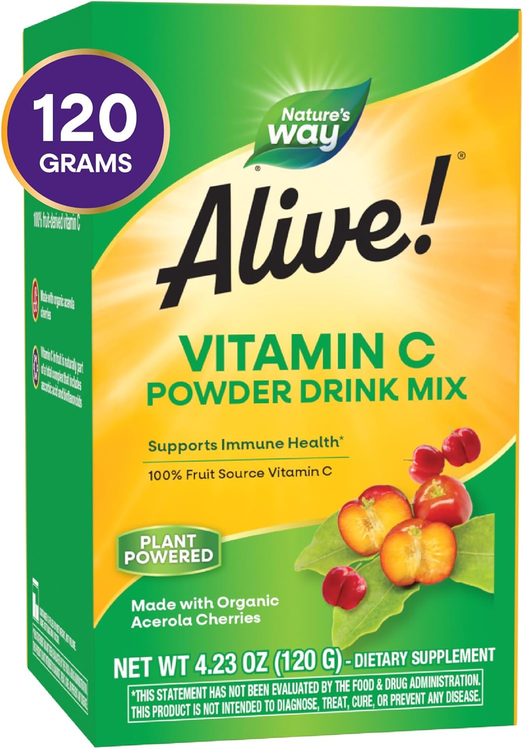 Nature's Way Alive! Vitamina C en Polvo - 100% de Acerola Ecológica, Apoyo Inmunitario, 4.23 oz