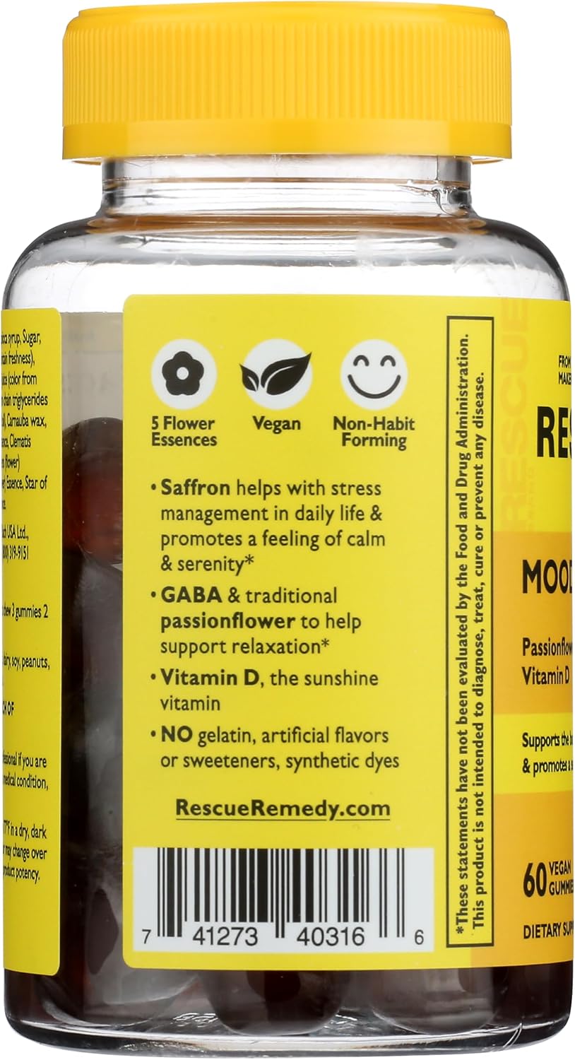 Bach Rescue Plus Gominolas para el Estado de Ánimo y el Estrés con Pasiflora, GABA, Azafrán y Vitamina D, 60 Unidades