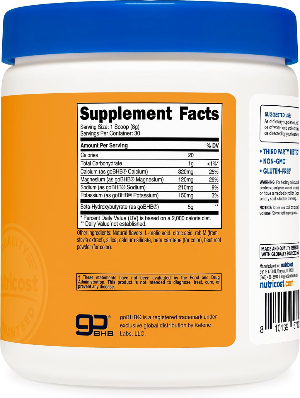 Nutricost BHB Salts Drink Mix (30 porciones, sabor melocotón mango, 5 g de BHB por porción) - 0 g de azúcares totales, producto vegetariano