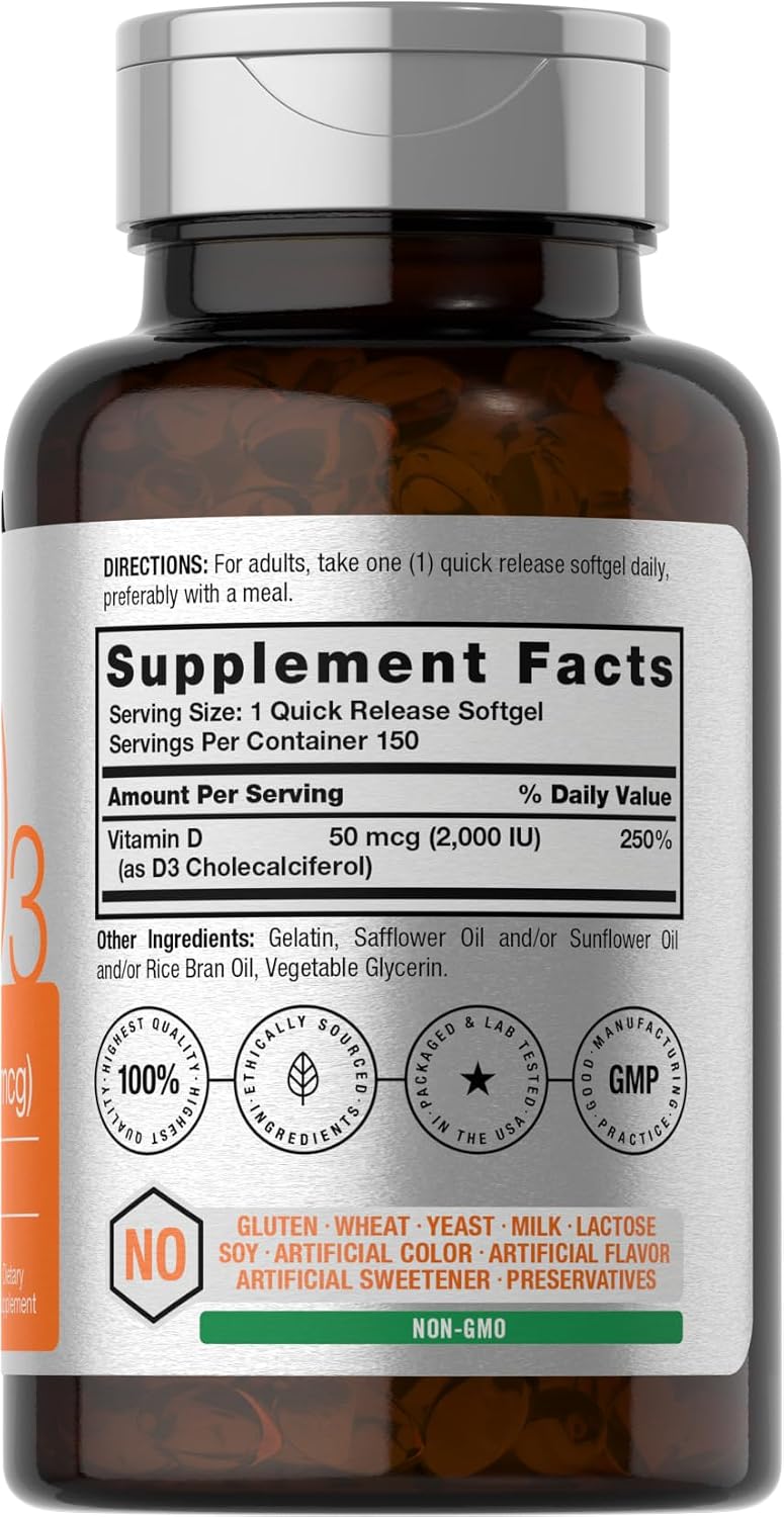 Horbaach Vitamina D3 2000 UI Cápsulas Blandas | 150 Unidades | 50 mcg Colecalciferol | No Transgénico y Sin Gluten