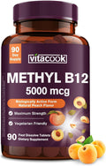 Vitamina B12 Sublingual, Metilcobalamina 5000mcg para Energía, Nervios y Células, Sabor Melocotón Natural, Vegano, Cero Azúcar, 90 Comprimidos de Disolución Rápida