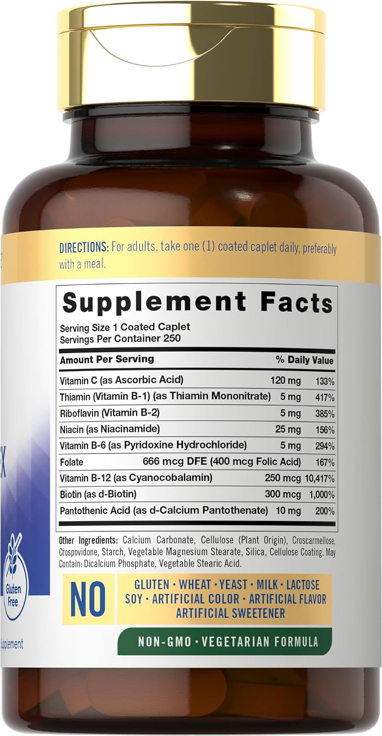 Carlyle Complejo de Vitaminas B con Vitamina C | 250 Comprimidos | Suplemento para Mujeres y Hombres | Vegetariano, Sin OGM y Sin Gluten