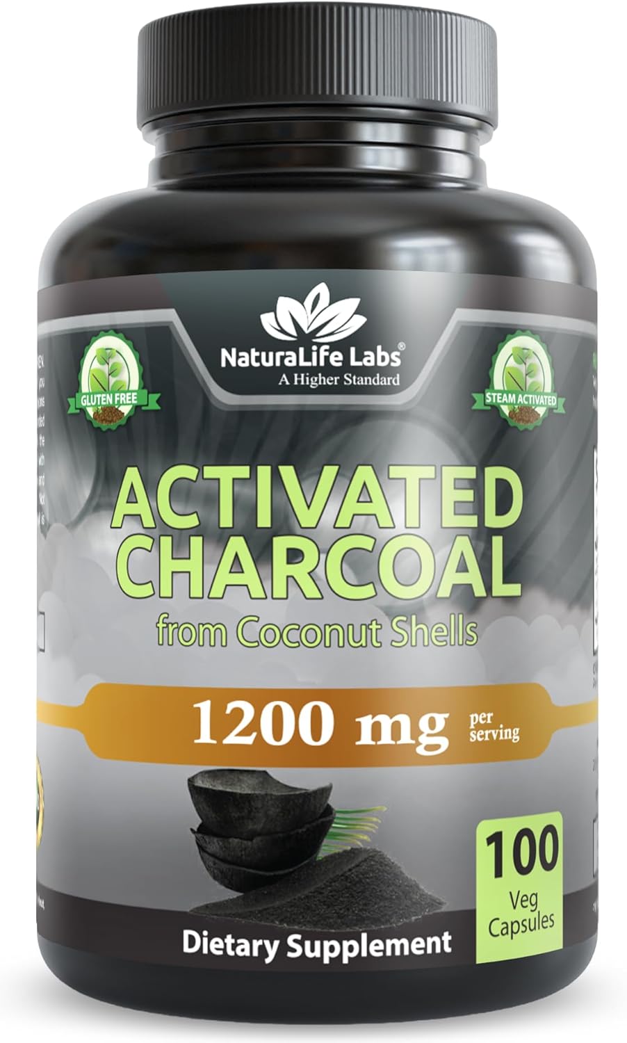 NaturaLife Labs Carbón Activado 1200 mg por dosis - 100 Cápsulas Veganas - No GM, Sin Gluten, Vegano