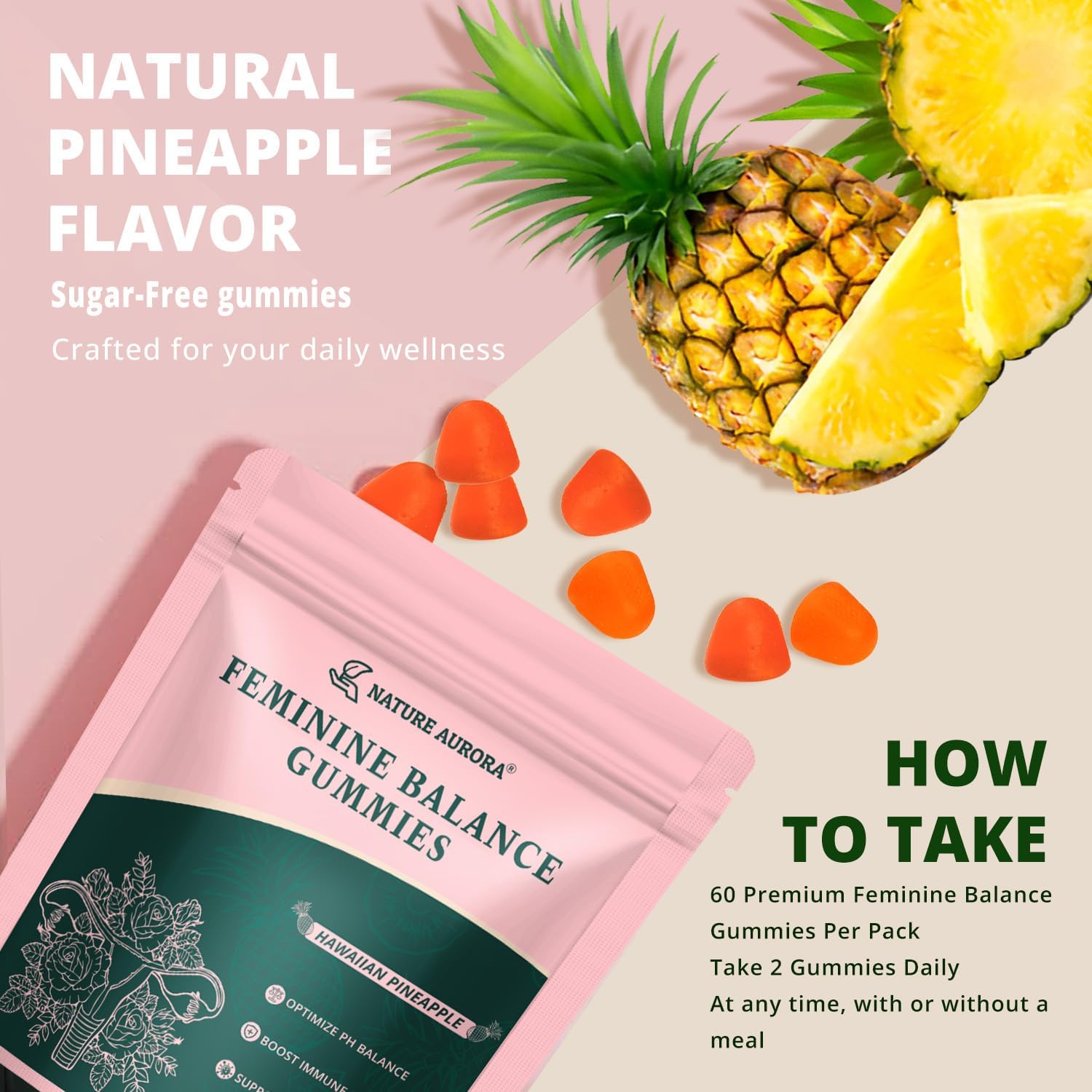 Nature Aurora Premium Feminine Balance Gummies - Apoyo al Equilibrio Femenino y Probióticos Vaginales con Vitamina C - Sabor a Piña Hawaiana - 60 Gomitas
