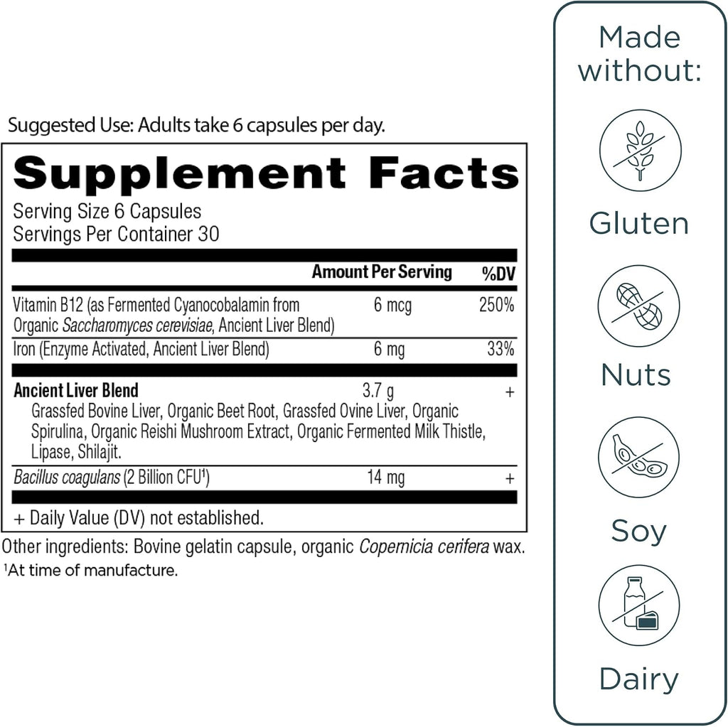 Ancient Nutrition - Suplemento de Órganos, Hígado de Res y Cordero, 180 Cápsulas