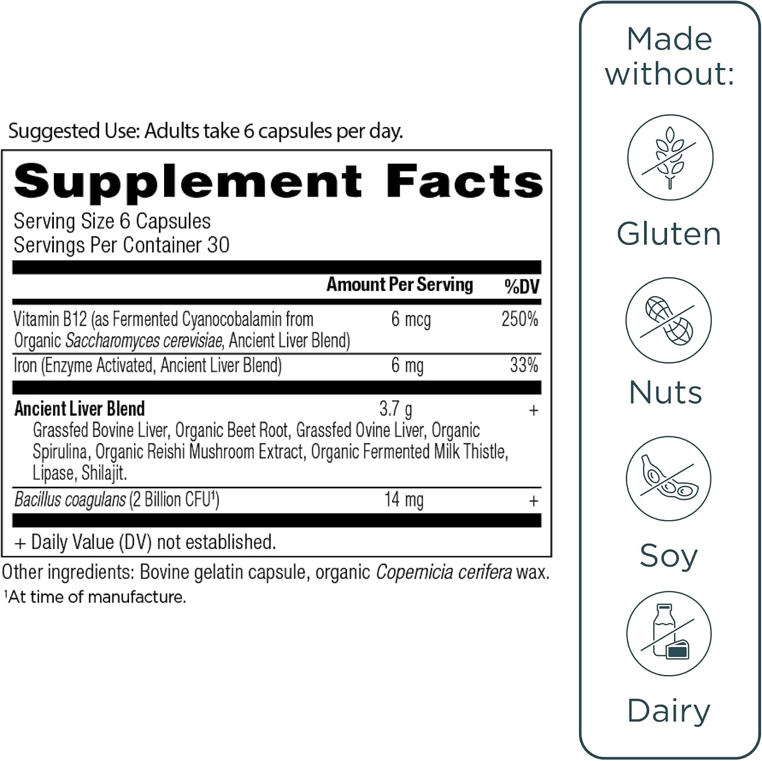 Ancient Nutrition - Suplemento de Órganos, Hígado de Res y Cordero, 180 Cápsulas