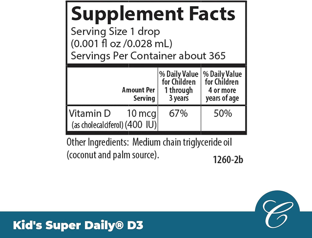 Carlson Kid's Super Daily D3 - Gotas de Vitamina D3 para Niños, 400 UI, 365 Gotas