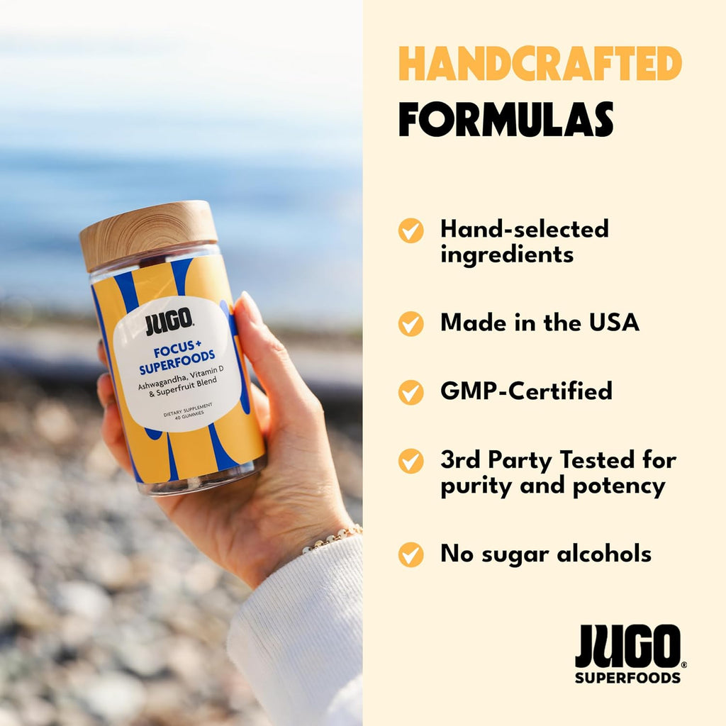 JUGO Focus + Superfoods Gominolas de Ashwagandha con Vitamina D3 y Mezcla de Superfrutas