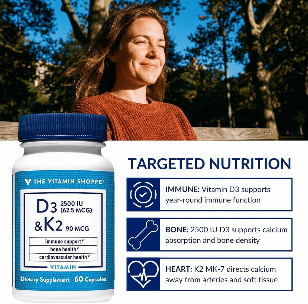 The Vitamin Shoppe Vitamina D3 2500 UI y K2 90 mcg con Calcio - 60 Cápsulas
