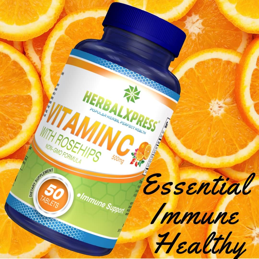 Herbalxpress Vitamina C 500 mg con Escaramujo, Ácido Ascórbico y Bioflavonoides Cítricos, 50 Comprimidos