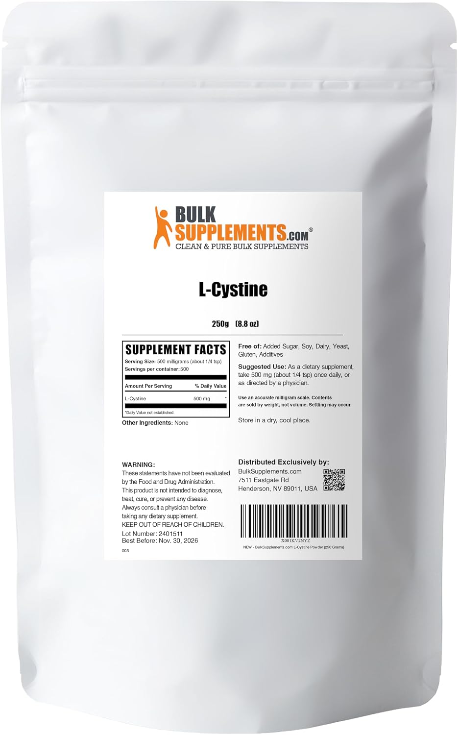BulkSupplements L-Cystina en Polvo - 500mg por ración, 250g