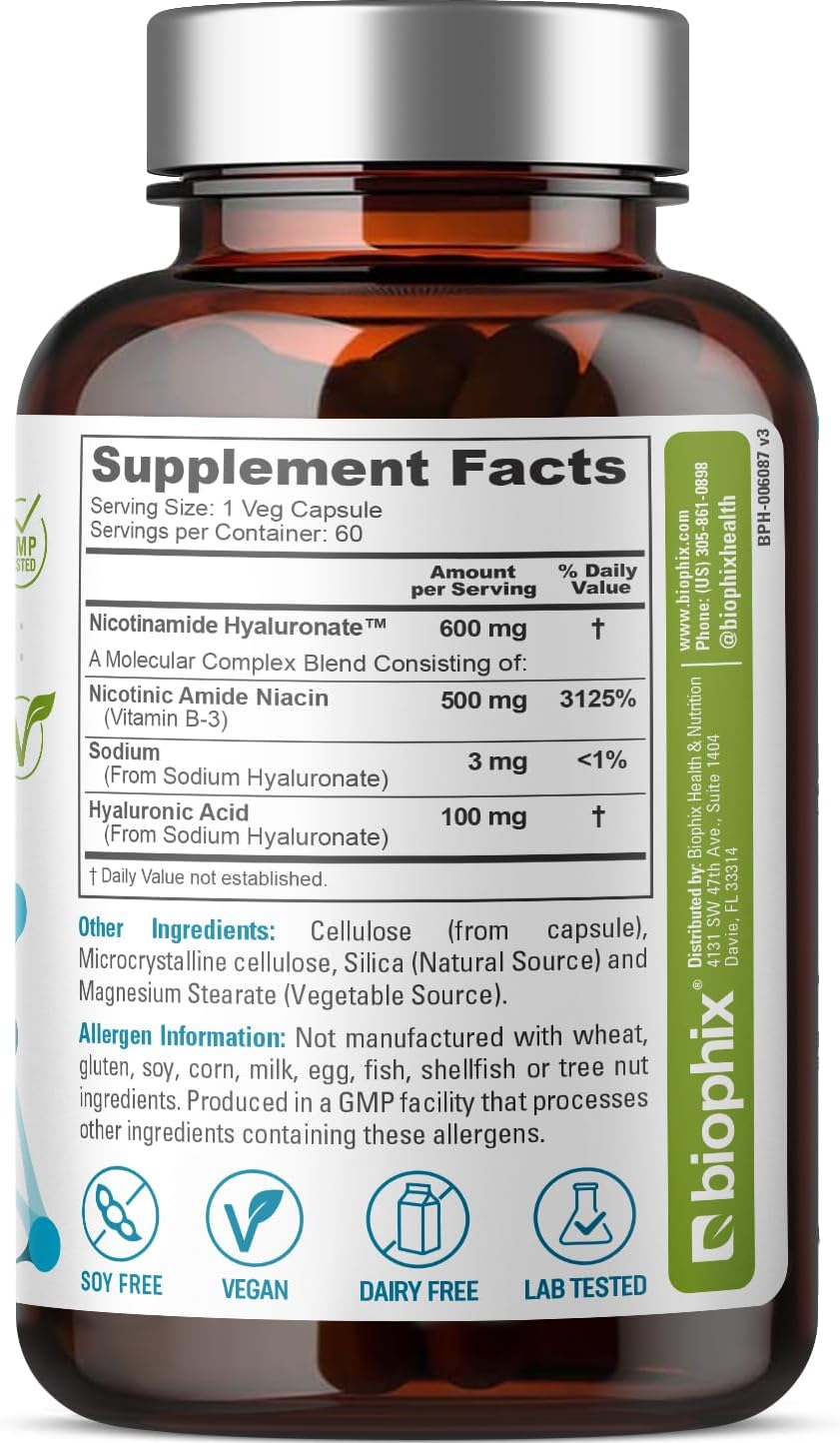 Nicotinamida con Ácido Hialurónico 600 mg, 60 Cápsulas Vegetales - Sin Enrojecimiento, Sin Gluten
