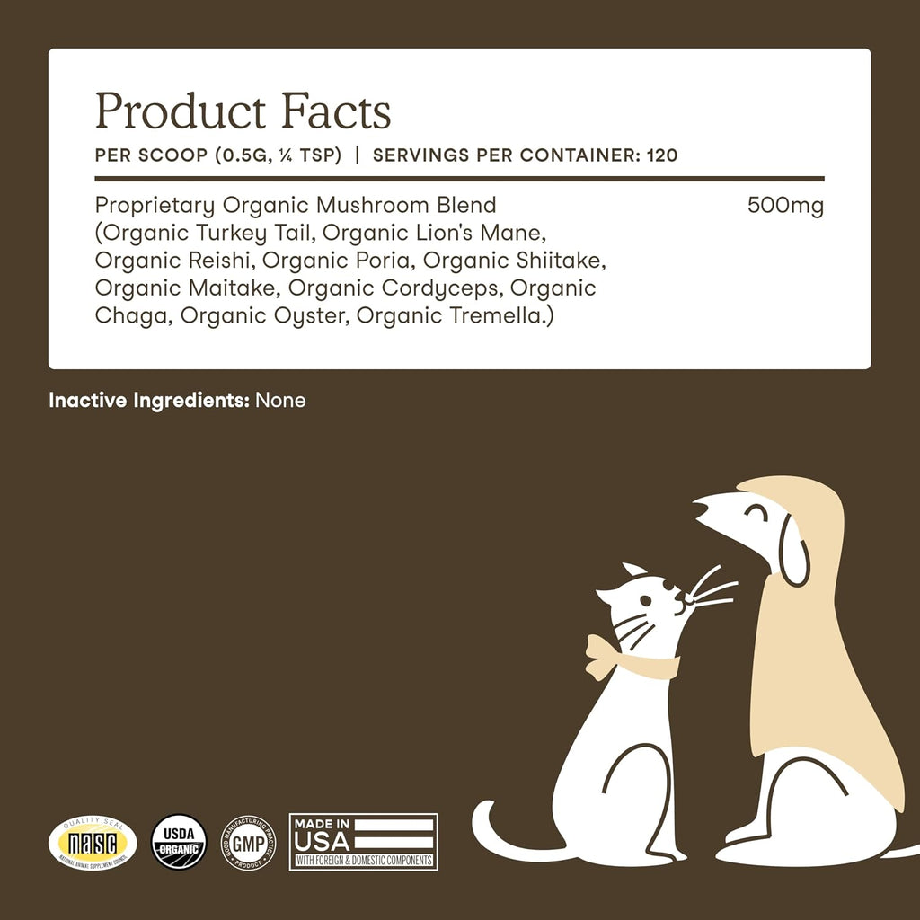 Fera Pets Suplemento de Hongos para Perros y Gatos con Cola de Pavo - USDA Orgánico - 120 Dosis