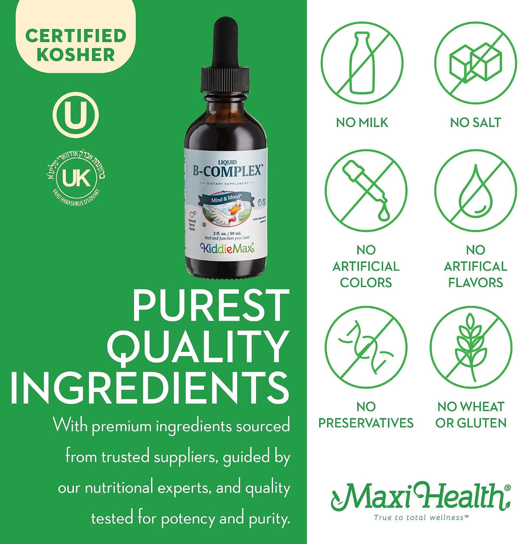 Maxi Health Complex B Líquido – 9 Vitaminas B Esenciales con B1, B6, B12 (Metilcobalamina) – Sabor Frambuesa, 59 ml