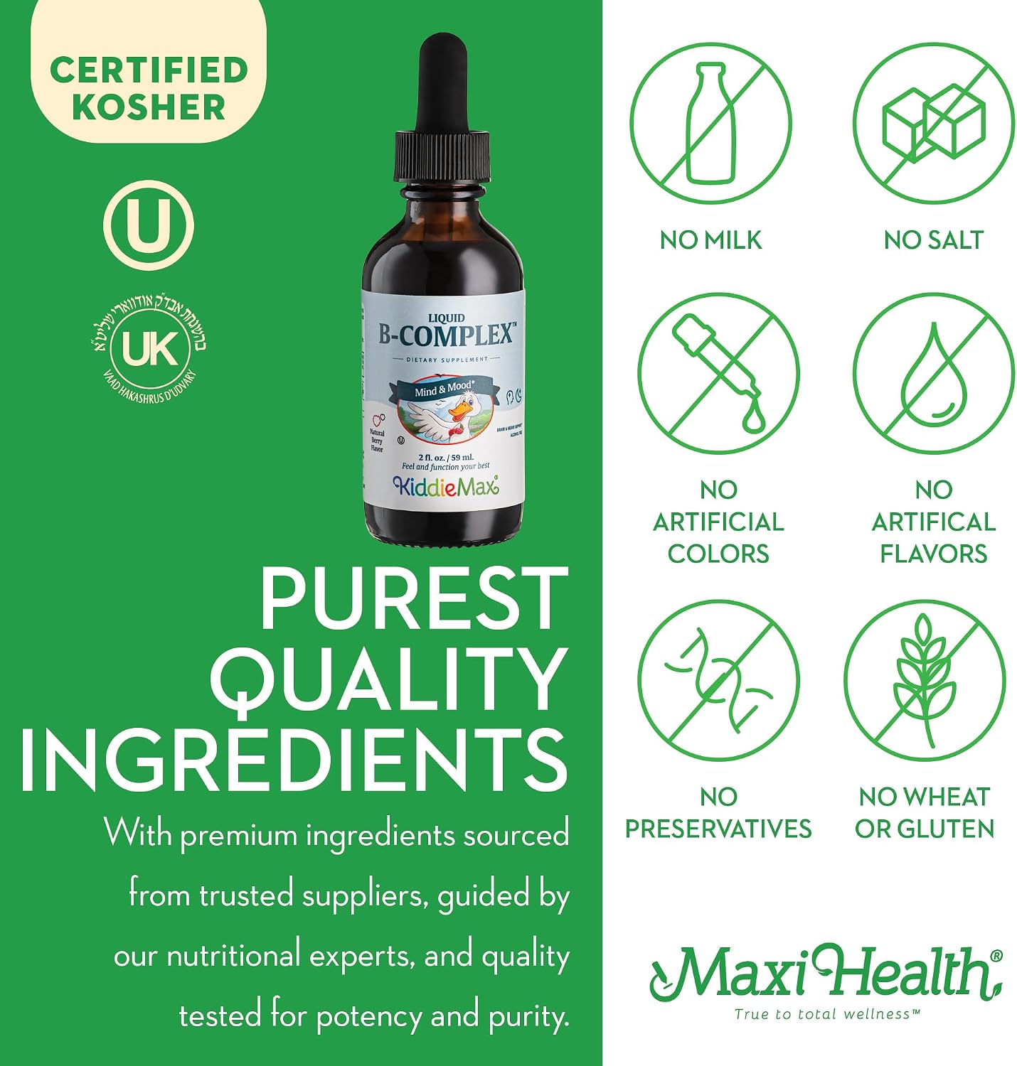 Maxi Health Complex B Líquido – 9 Vitaminas B Esenciales con B1, B6, B12 (Metilcobalamina) – Sabor Frambuesa, 59 ml