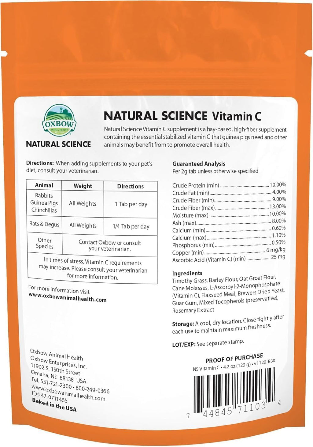 Oxbow Natural Science Suplemento de Vitamina C para Cobayas, Conejos y Chinchillas – Fórmula de Heno de Timothy, 4.2 oz (6 Paquetes)
