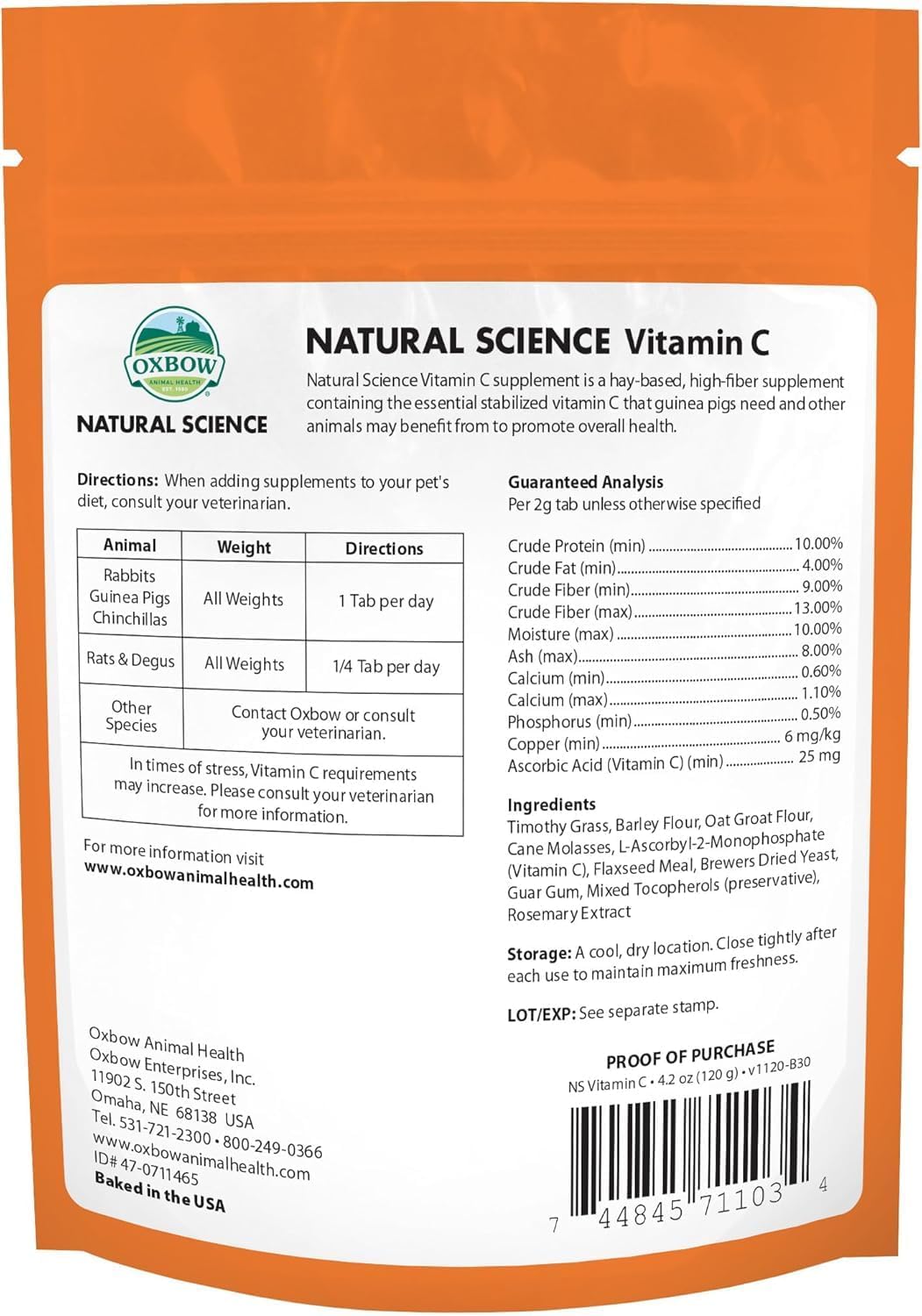 Oxbow Natural Science Suplemento de Vitamina C para Cobayas, Conejos y Chinchillas – Fórmula de Heno de Timothy, 4.2 oz (6 Paquetes)