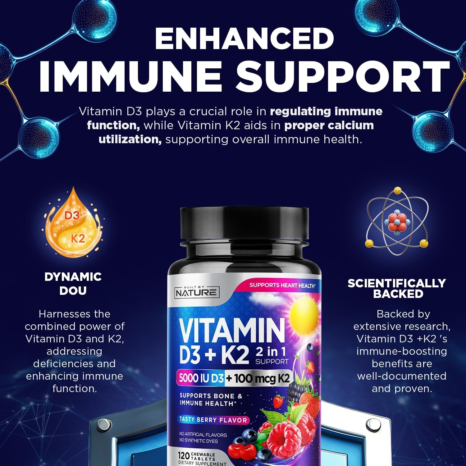 Vitamina D3 K2 Masticable, 5000 UI y K2 MK-7 100 mcg, 120 Comprimidos | Sabor a Bayas