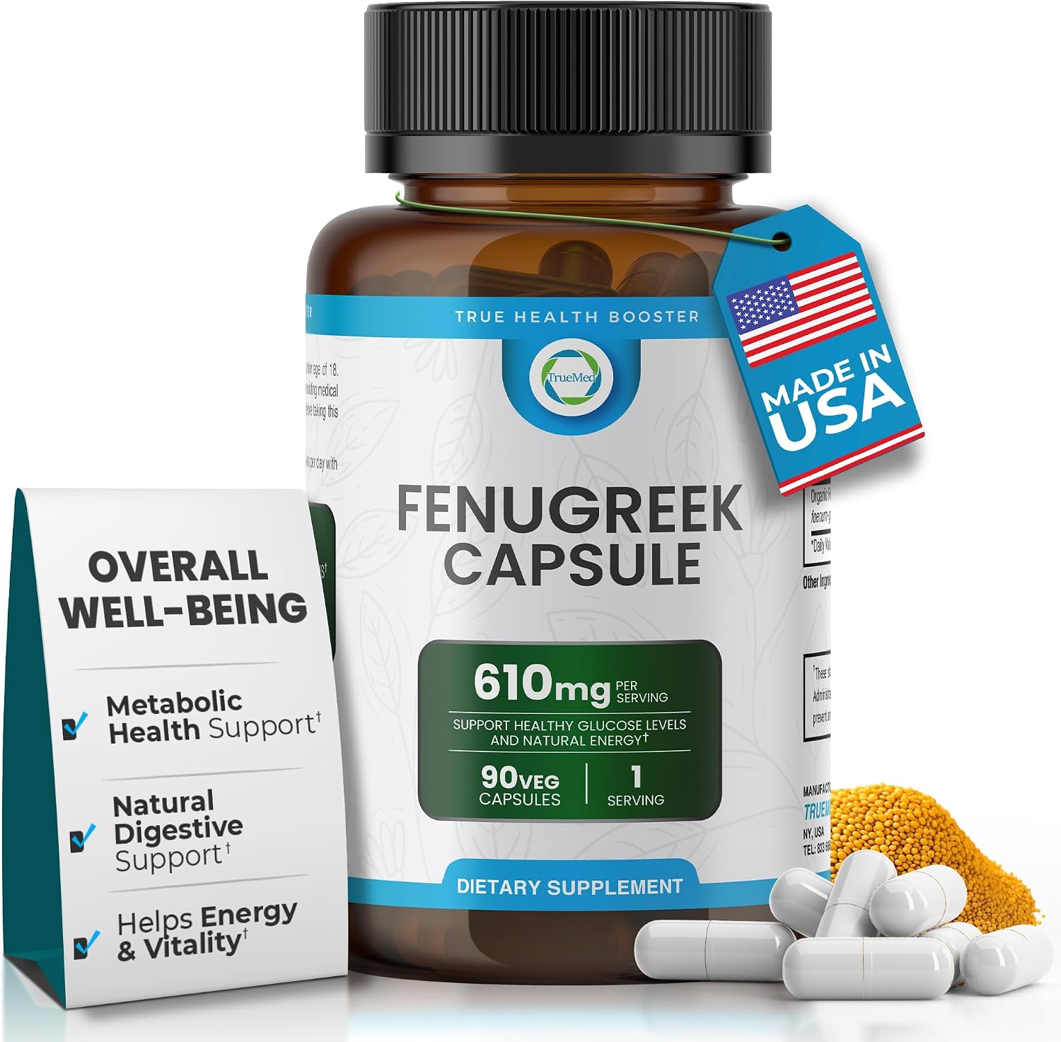 TRUEMED Cápsulas de Fenogreco Orgánico 610 mg – 90 Cápsulas Vegetales