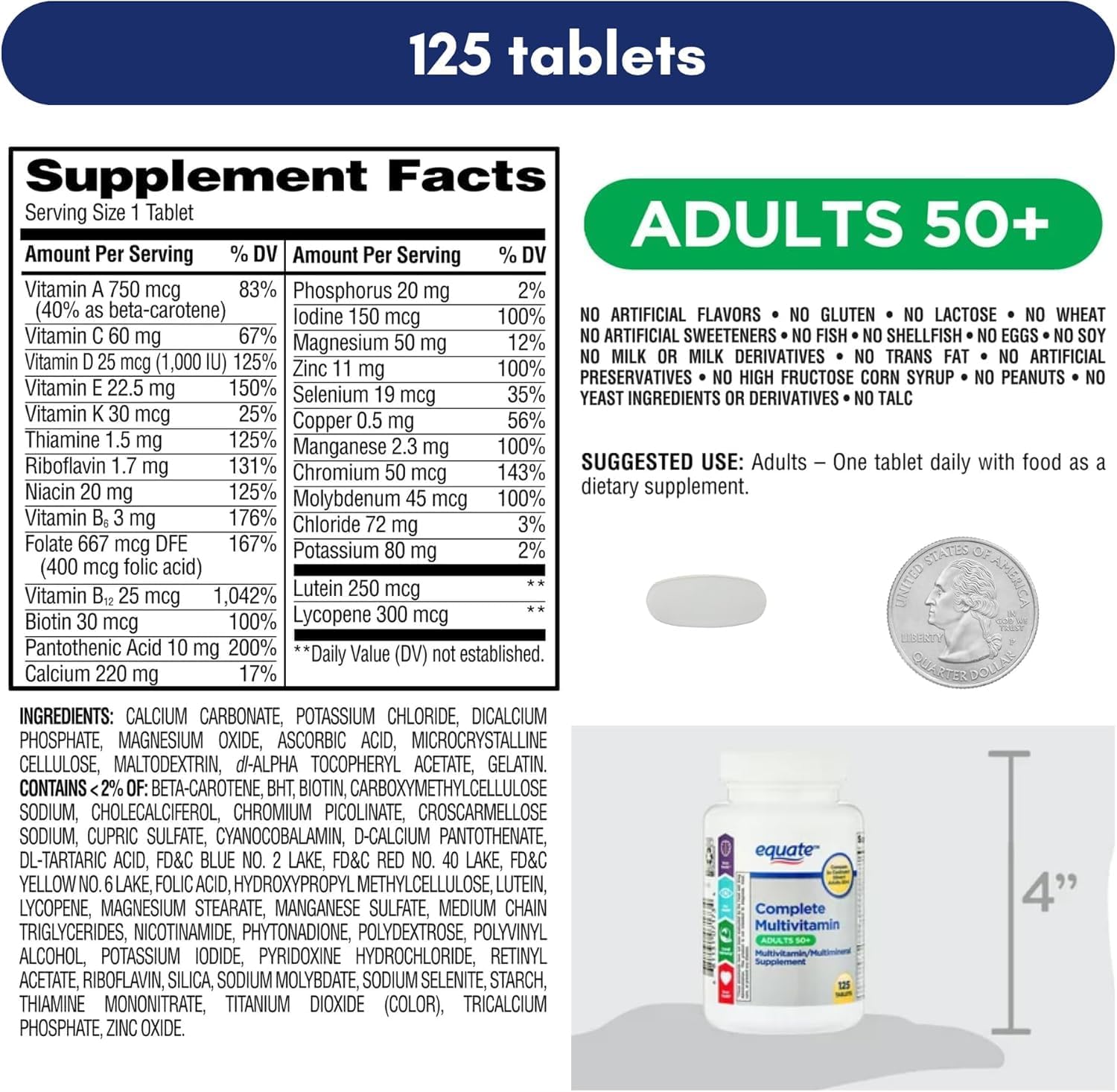 Equate Adulto 50+ Multivitamínico Multimineral Completo de Una Toma Diaria, Salud Cerebral - 125 Comprimidos