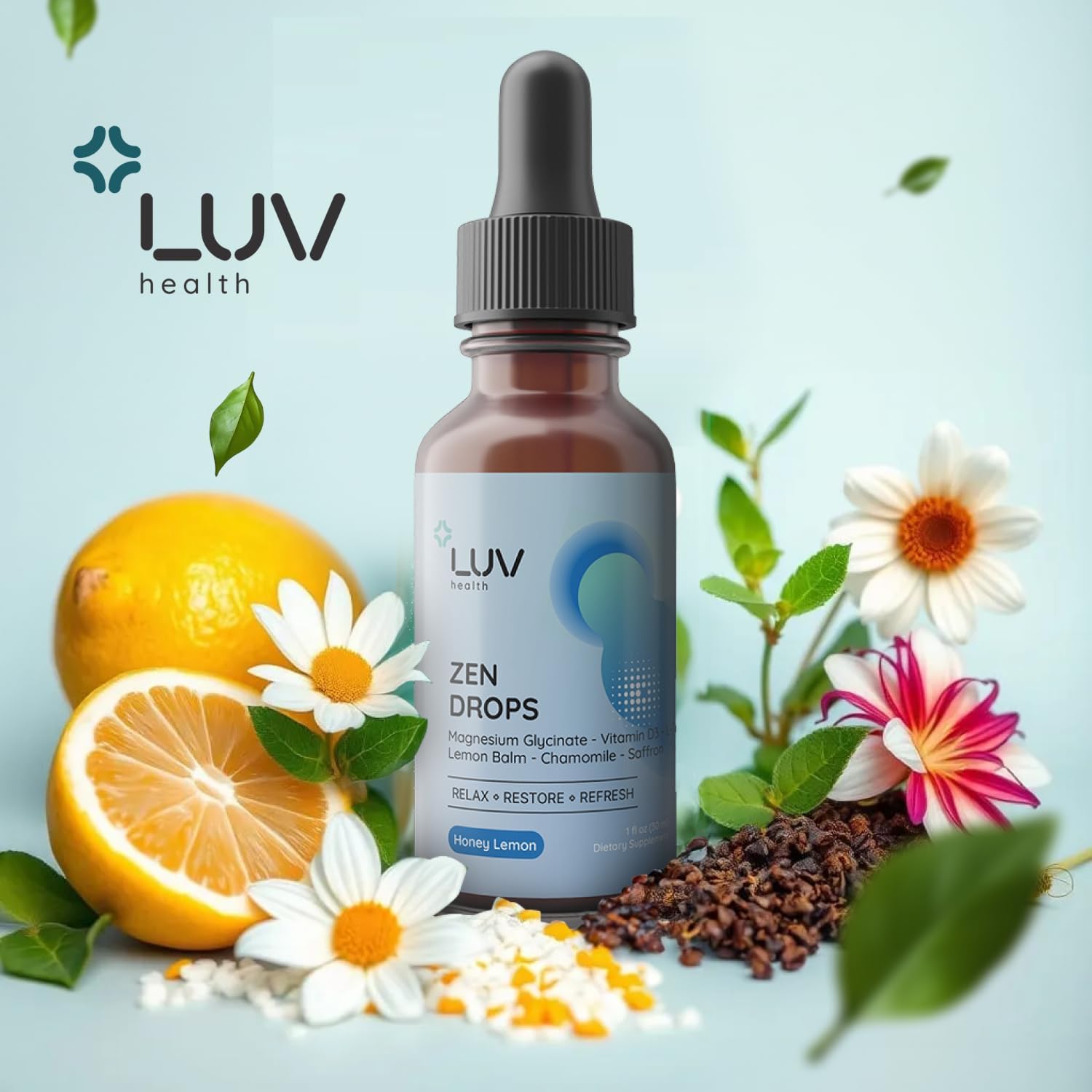 LUV Zen Drops Gotas de apoyo para el estrés con magnesio glicinato, vitamina D3, melisa, manzanilla, azafrán y L-teanina. Vegano, sin gluten, 30 dosis