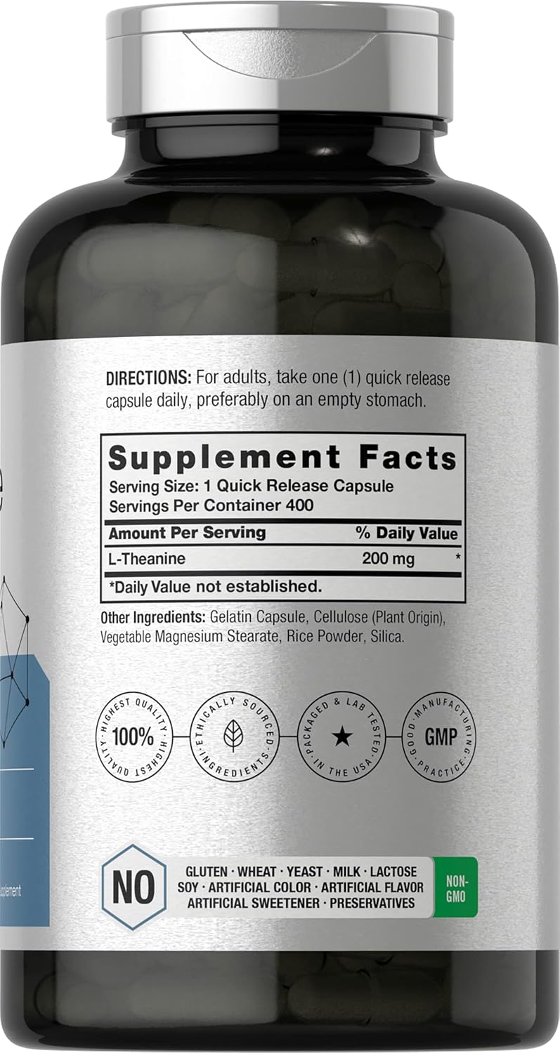 Horbäach L-Teanina | 200mg | 400 Cápsulas | Formato Económico | Sin OGM, Sin Gluten