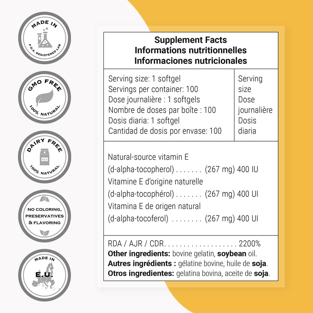 Supersmart Natural E 400 (D-Alfa Tocoferol) 1200 UI al día - Suplemento de Vitamina E de Alta Absorción | No OGM - 100 Cápsulas Blandas