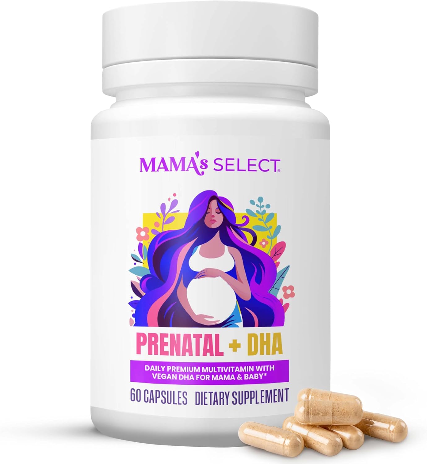 Mama's Select Vitaminas Prenatales con DHA Vegano – Sin Pescado, Sin Eructos de Pescado, Sin Alérgenos, Apoyo MTHFR, Folato Metilado y Vitaminas B, Amigable Digestivo, Sin Biotina