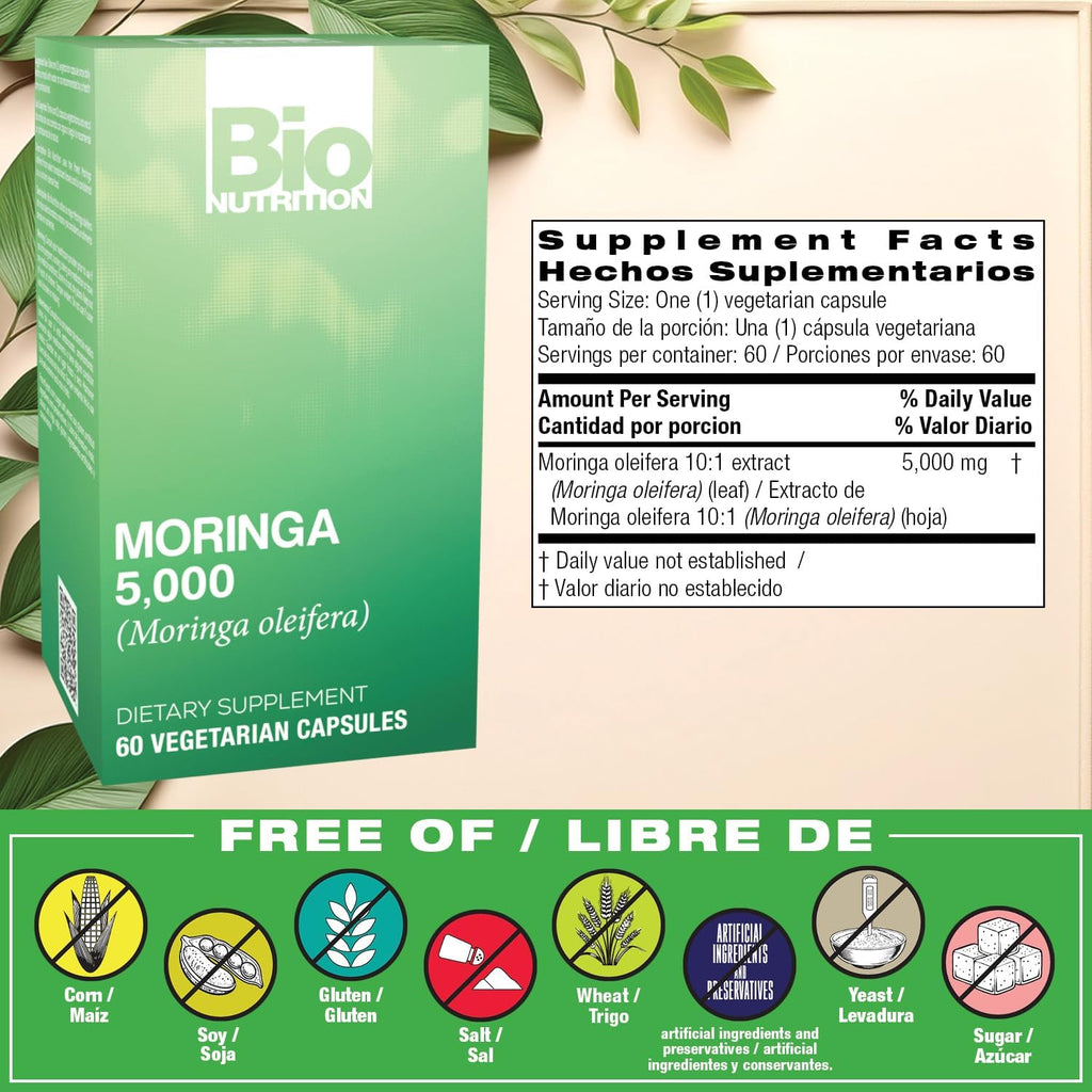 Bio Nutrition Moringa 5000mg 60 Vegetarian Capsules | Complete Green Superfood | Natural Multivitamin | Energy & Digestive Health
