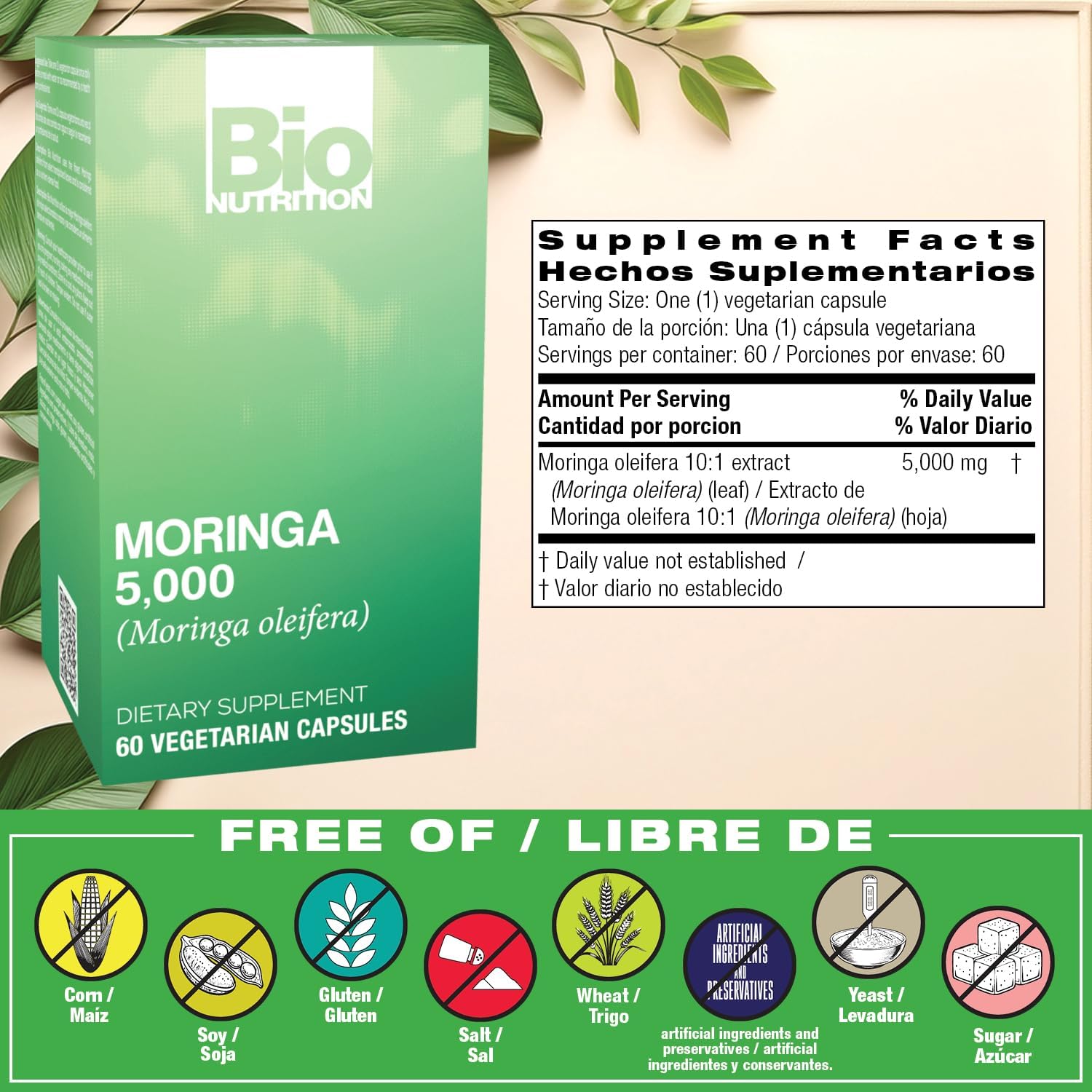 Bio Nutrition Moringa 5000mg 60 Vegetarian Capsules | Complete Green Superfood | Natural Multivitamin | Energy & Digestive Health