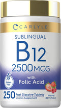 Carlyle Vitamina B12 Sublingual 2500 mcg + Ácido Fólico - 250 Comprimidos de Disolución Rápida Sabor Berry - Vegano, No-GMO, Sin Gluten