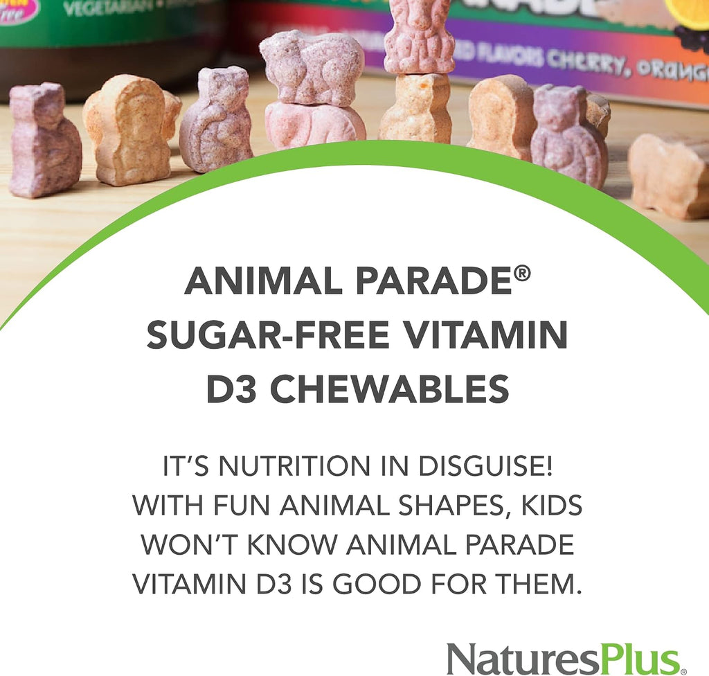 Natures Plus Animal Parade Vitamina D3 Sin Azúcar para Niños - 500 UI - Sabor Cereza Negra - 90 Comprimidos Masticables con Forma de Animal