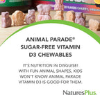 Natures Plus Animal Parade Vitamina D3 Sin Azúcar para Niños - 500 UI - Sabor Cereza Negra - 90 Comprimidos Masticables con Forma de Animal